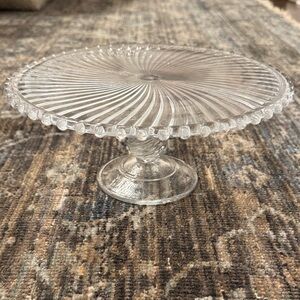 Vintage Clear Glass Cake Stand with Beaded Edge Dseign